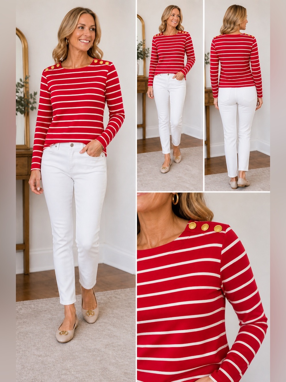 G by Giuliana Red White Striped Top Gold Button Shoulder Medium Nautical